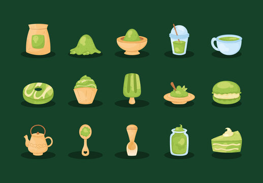 Green and Brown Matcha Tea Illustration Set