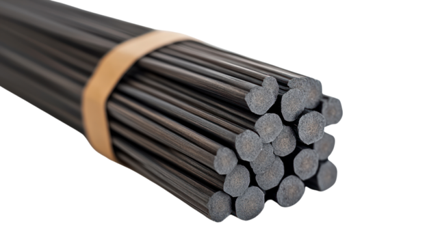 Close-up of a bundle of black steel rods secured with a band, showcasing their cylindrical shape and industrial texture.
