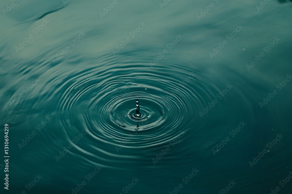 Poster single water drop falling, creating concentric ripples on a teal surface.
