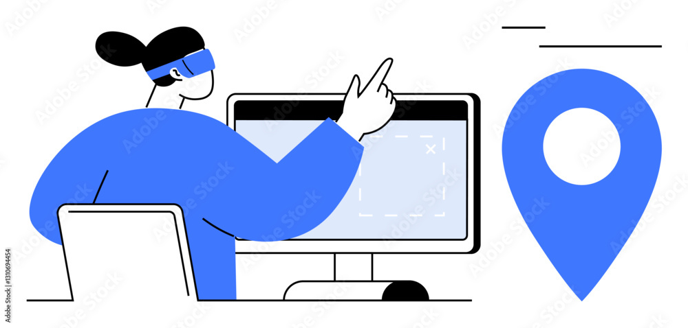 Poster female professional interacting with desktop map navigation system, pointing at screen near location