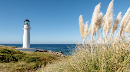 scenic lighthouse stands tall against clear blue sky, surrounded by coastal grass