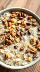 A bowl of steaming oats topped with nuts and seeds, crunchy topping, oatmeal, oatmeal with seeds