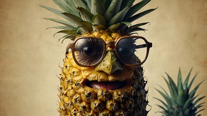 A hipster pineapple wearing stylish glasses is featured in this imaginative food and travel concept art, signifying contemporary culinary explorations and wanderlust.