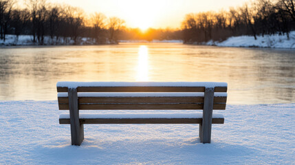 Obraz premium peaceful winter sunset over river with snowy bench in view