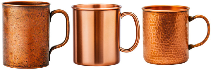 Three copper mugs in different styles. Perfect for serving Moscow Mules or other cocktails.