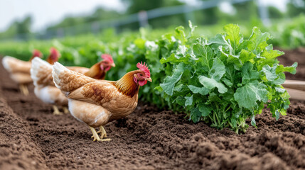Fototapeta premium Free range chickens roaming in picturesque farm garden with greens