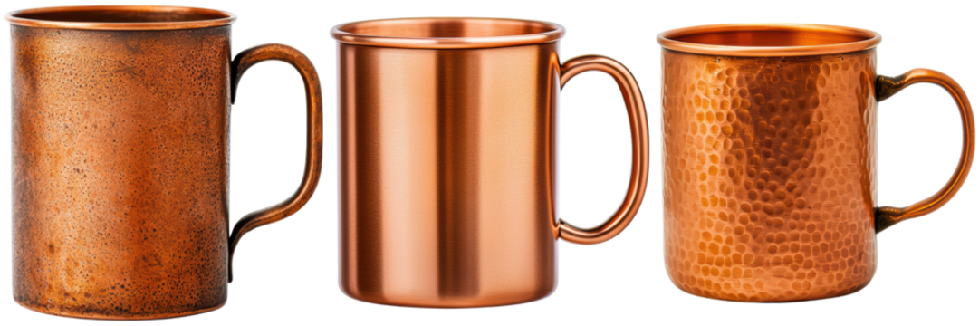 Three copper mugs in different styles. Perfect for serving Moscow Mules or other cocktails.