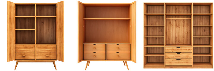 Three wooden wardrobes with open doors and drawers. Interior design and furniture concept.