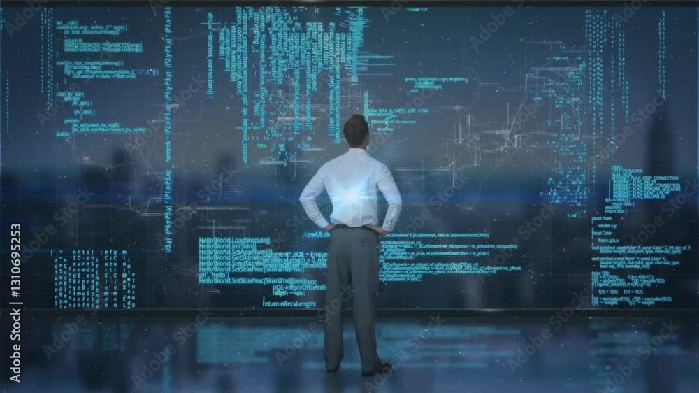 Poster analyzing complex data, man using animation on digital screen in office