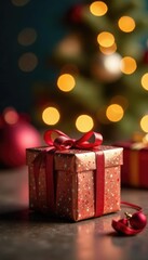 Bokeh focused on a shiny Christmas gift with a modern and minimalist background, shiny object, gift, present