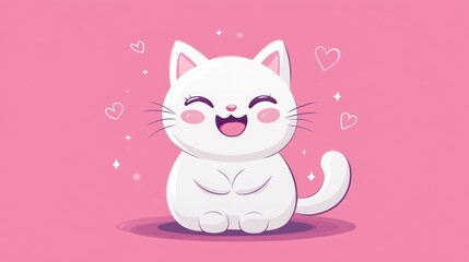 A Cheerful White Cat Laughing Surrounded By Hearts And Stars