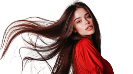 Young woman with long hair in motion, wearing a vibrant red outfit against a white isolated background.