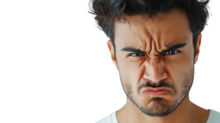 A young man expressing anger with furrowed brows and a grimace, on a white isolated background.