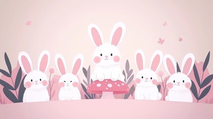 Obraz premium Cute Whimsical Rabbits Gathered Around a Colorful Mushroom in Pastel Colors