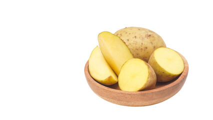 Cut of potatoes on wooden plate isolated on transparent background