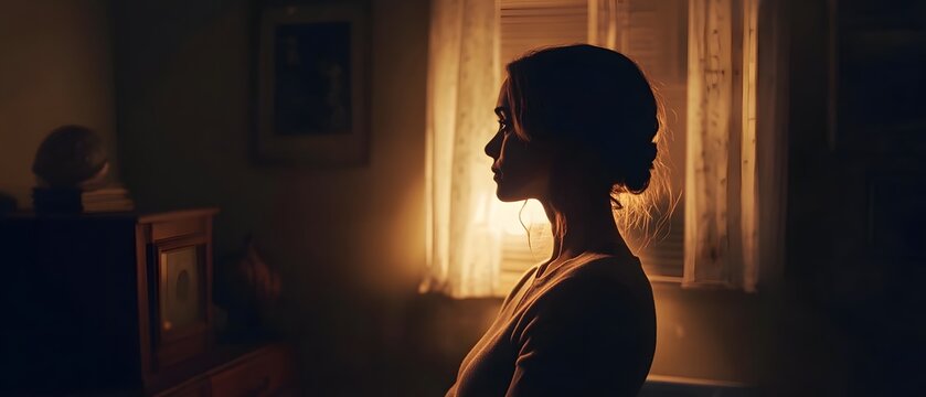 Pensive Thoughtful Woman Silhouetted by Warm Dramatic Window Light in an Intimate Moody Interior Setting  Cinematic Emotive Portrait with Film like Aesthetic and Atmosphere - Powered by Adobe