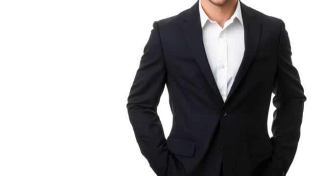 Confident businessman in a stylish suit, smiling, with hands in pockets, isolated on a white background.