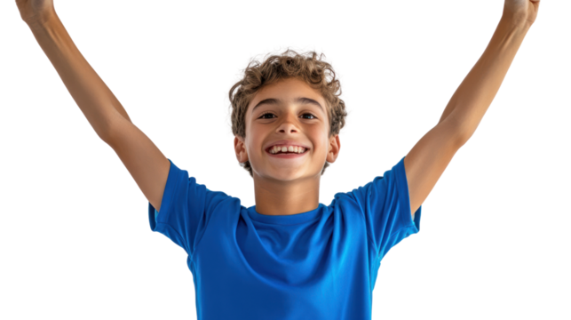 Happy boy raising arms in celebration. Joyful expression against a clear background.