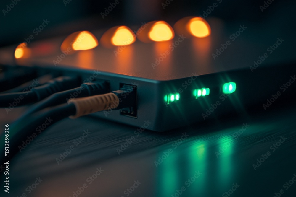 Aufkleber close-up of a network router with glowing lights and ethernet cables connected.
