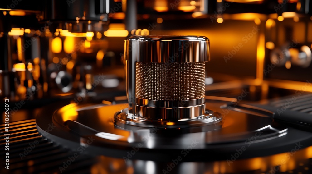 Poster close-up of a metallic, cylindrical component within a complex, illuminated machine.