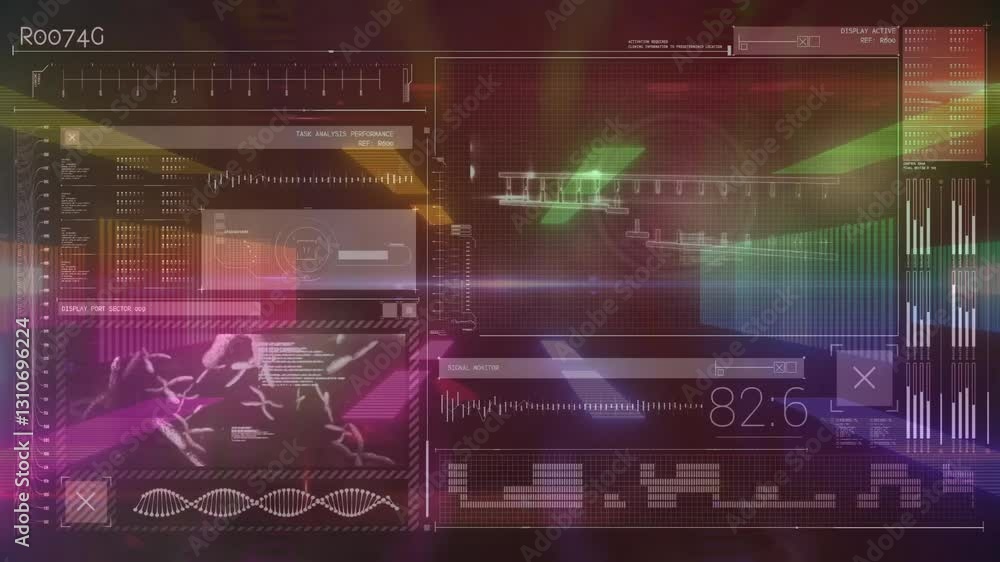 Poster animation of colorful data visualizations and graphs on digital interface background