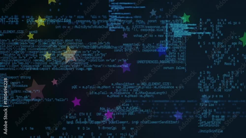 Poster animation of colorful stars overlaying computer code on dark background
