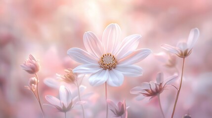 Soft focus image of delicate white flowers in a field, bathed in warm, pastel light.