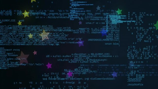 Animation of colorful stars overlaying computer code on dark background