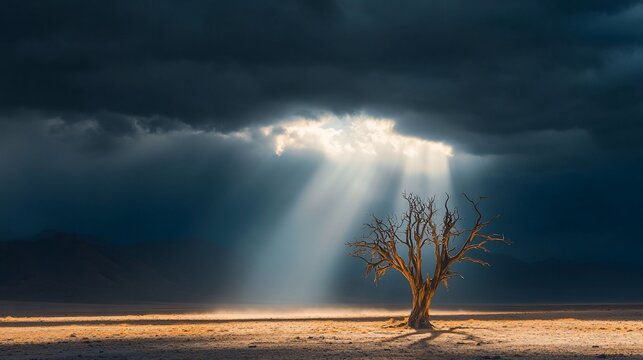 Sunbeams illuminate a lone dead tree in a dramatic desert landscape under a stormy sky.