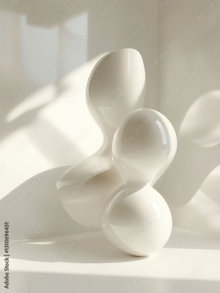 Poster Floating 3D shapes create an elegant minimalist display with soft shadows and light reflections in a futuristic design
