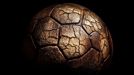 Cracked, aged, brown soccer ball on black background.