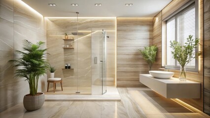 Fototapeta premium Serene Bathroom Sanctuary Modern Minimalist Design with Natural Light and Lush Greenery