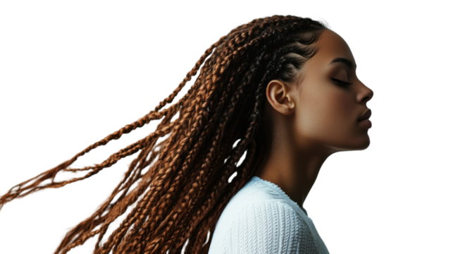 A profile view of a woman with braided hair in motion against a white background.