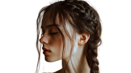A young woman with intricate braids looking serene and contemplative against a white background.