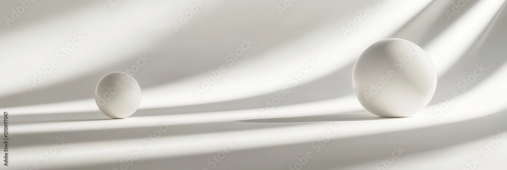Poster Floating 3D shapes create a minimalist aesthetic with soft shadows and reflections in a futuristic setting on a white background