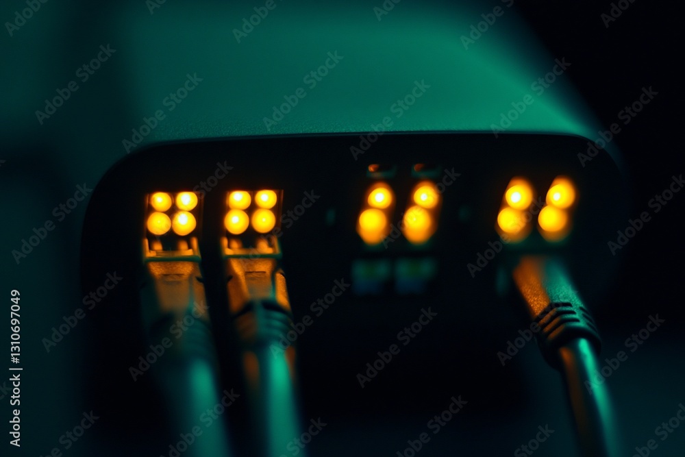 Aufkleber close-up of network switch with glowing lights and ethernet cables in dark.