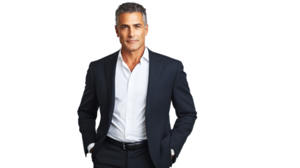 Professional man in business attire presenting confidence and charisma against a white background.