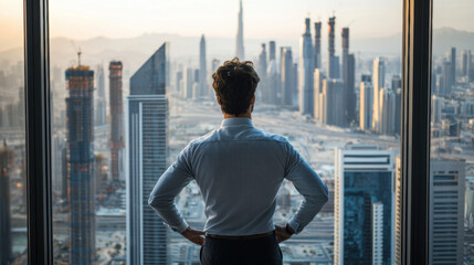 Fototapeta premium Business professional gazing at a city skyline from a high-rise window.