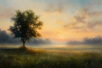 Fototapeta premium Peaceful Countryside Landscape with Tree and Dramatic Sunset Sky