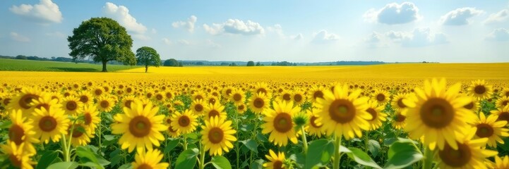 Fototapeta premium Field of saffron flowers with a few trees in the background, sunflowers, countryside