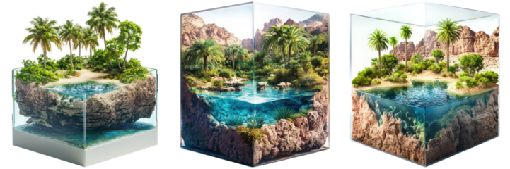 Three dioramas of tropical landscapes with palm trees, water, and rocks in a cube.