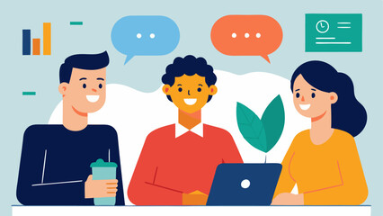 Fototapeta premium Positive Workplace Culture A visually happy office scene where employees are discussing financial goals with supportive body language indicating an open dialogue about financial