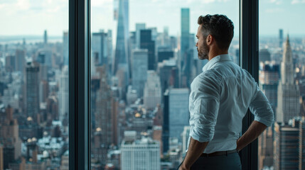 Fototapeta na wymiar Man gazing at a city skyline from a high-rise window.