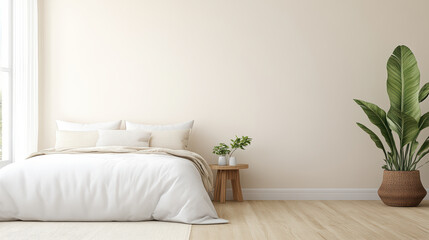 clean minimalist bedroom with single bed and light beige walls