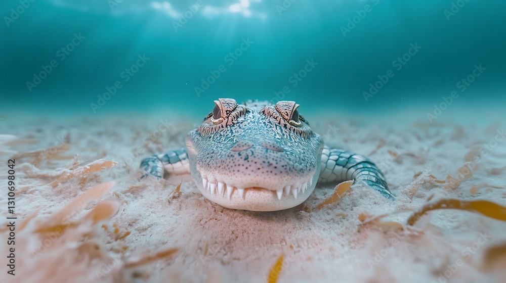 Poster underwater close-up of an alligator partially submerged in sandy seabed.
