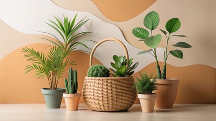 Fototapeta premium Minimalist Whimsical Organic Plant Basket Illustration Stock Photo