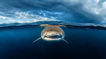 Tiger shark underwater split view, dramatic cloudy sky.