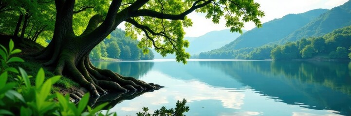 Lush tree branches leaning over serene lake water, lakes, reflection, peaceful