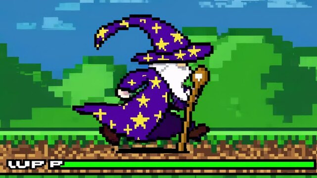 Pixel art video game style featuring a side view of a wizard with a staff. The low-angle shot emphasizes the retro gaming aesthetic.