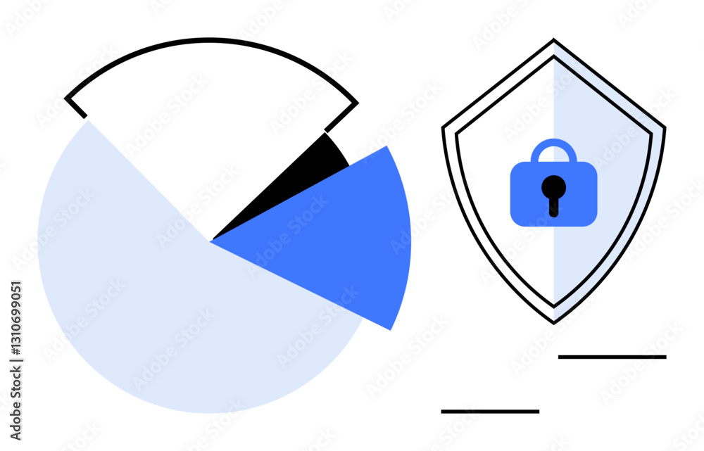Poster pie chart displaying data distribution beside a shield with a padlock symbol. ideal for data protect